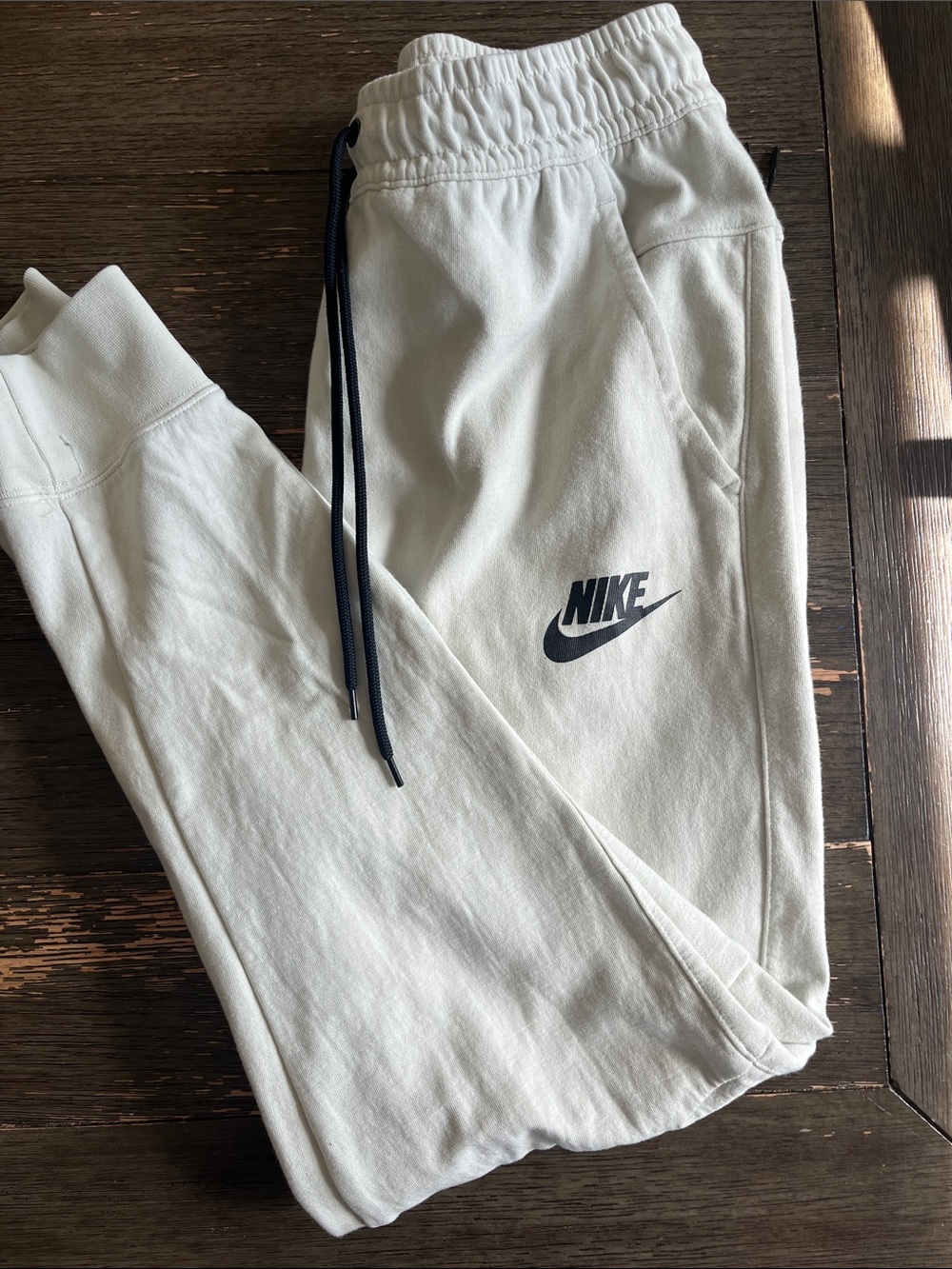 Nike Cream Sweatpants with Black Swoosh and Black Drawstring